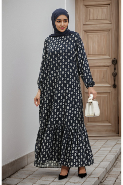 new ats فستان فيسكوز منقوش بتنورة مجمعة