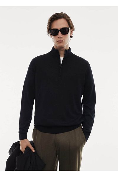MANGO Man Pullover mit Kragen und Reißverschluss aus 100 % Merinowolle