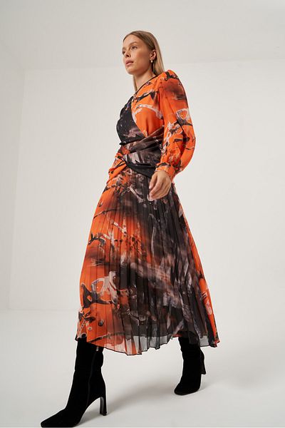 Mimya Orange Patterned Pleated Dress 2830