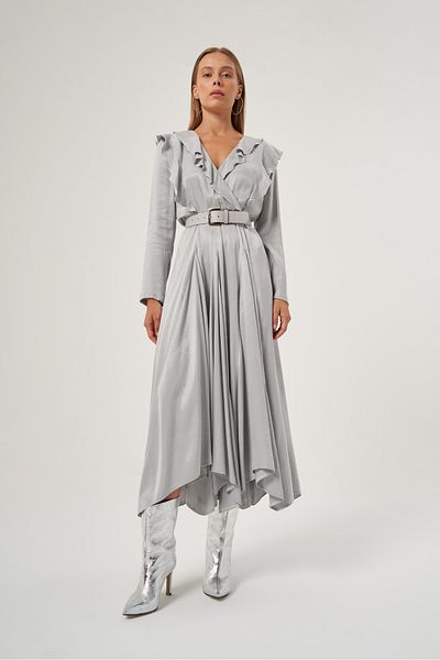 Mimya Gray Flounce Collar Leather Belt Dress 2807
