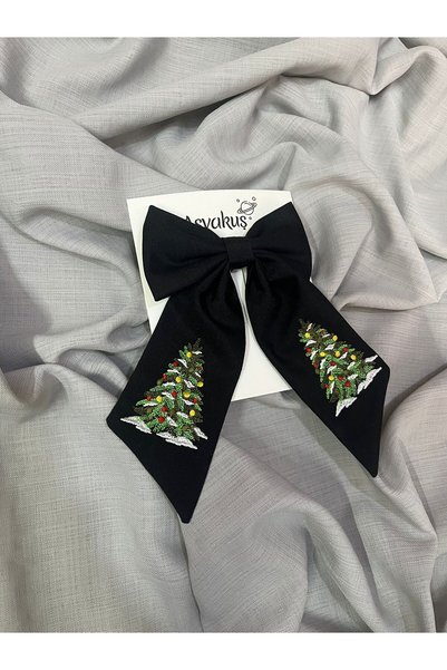 asyakuş Christmas Collection Double Pine Tree Embroidered Black Bow Automatic Buckle