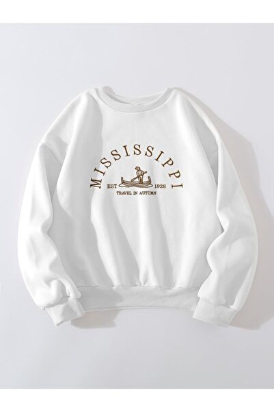 Vordevia Hanorac alb cu gât rotund cu imprimeu Mississippi