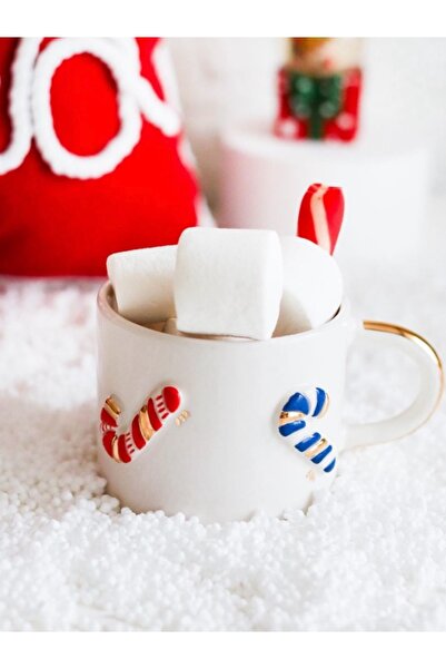 BuNeBox 24k Gerçek Altın Dekorlu El Yapımı Yılbaşı Candy Cane Seramik Mug Kupa