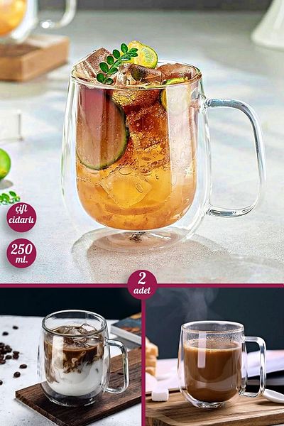 Tilbe Home مجموعة من 2 كوب مزدوج الجدار سعة 250 مل، كوب شاي للمكتب المنزلي، كوب تقديم القهوة، كوب زجاجي متين