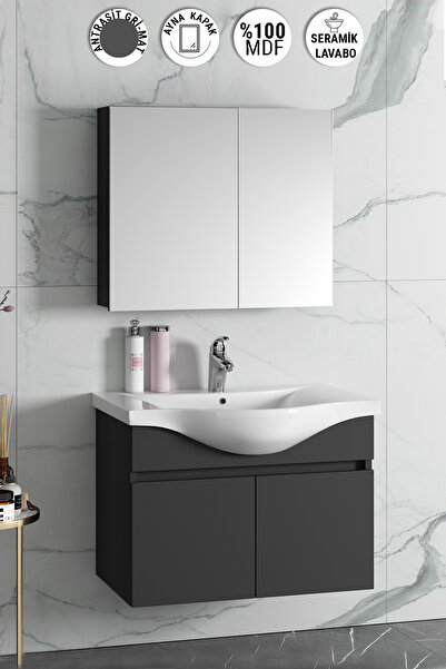 ÖZCEDEN Yıldız 80 cm Antrasit Gri Mat MDF Seramik Lavabolu Asma Banyo Dolabı ...