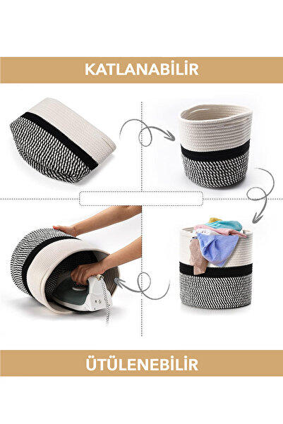 Meleni Home Hasır Dokuma Çamaşır Sepeti - Banyo Düzenleyici Pamuk Halat Saklama Sepeti 38 Cm