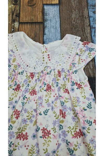 Esterella baby girl scallop neck viscose dress/moon sleeve gusseted floral baby dress/scallop collar dress