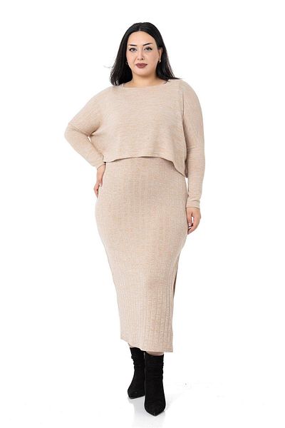 DISENTIS MODEST Tricotaj Plus Marime Rochie Bluza Culoare Bej Set Dublu