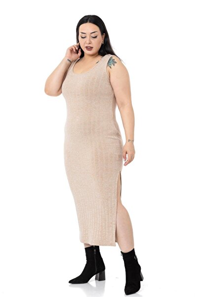 DISENTIS MODEST Plus Size Knitwear Dress Blouse Beige Color Double Set