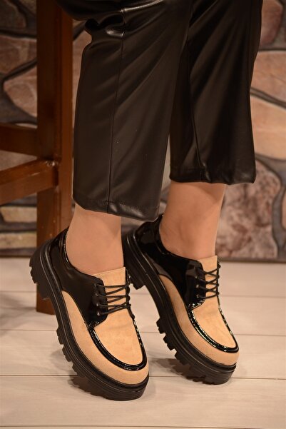 Isy KADIN KREM SÜET-SİYAH RUGAN BAĞLI KALIN TABAN OXFORD AYAKKABI