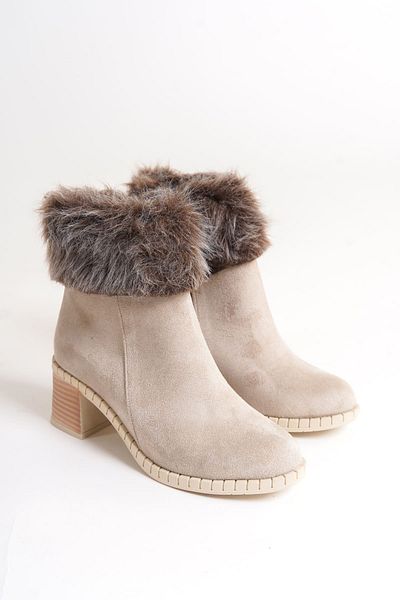 Joy Woman İNKA Zippered Orthopedic Sole Water and Cold Resistant Hairy Heeled Suede Women's Boots KT Cream