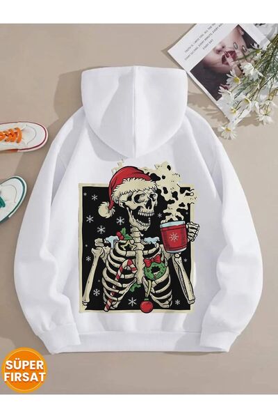 NİCE Πρωτοχρονιάτικη διασκέδαση: Φούτερ Unisex K με κουκούλα με σκελετό που γιορτάζει την Πρωτοχρονιά B με τύπωμα