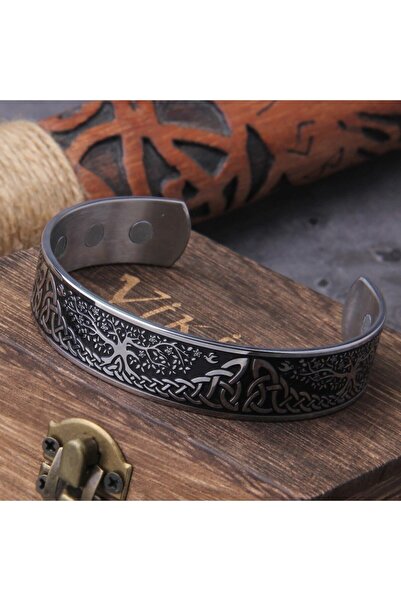 Viking شجرة الحياة Triquetra الاسكندنافية عزر المشبك قابل للتعديل 316l سوار الصلب للرجال