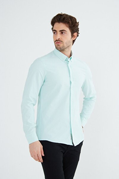 RAVANELLI Mint Green Slimfit Cotton Oxfort Lycra Collar Buttoned Long Sleeve Men's Shirt G490