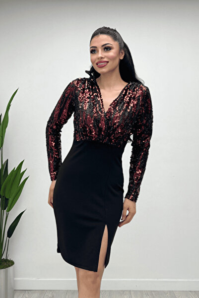 giyimmasalı Üst Payet Alt Krep Kumaş Abiye Elbise - BORDO