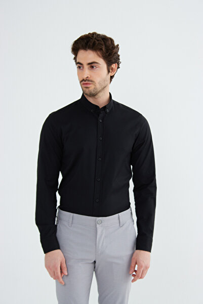 RAVANELLI Чорна Slimfit бавовняна сорочка з лікрами, коміром на ґудзиках та довгими рукавами для чоловіків G490