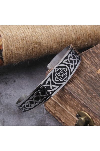 Viking Tree of Life Triquetra Scandinavian Motif Clamp Adjustable 316l Men's Steel Bracelet