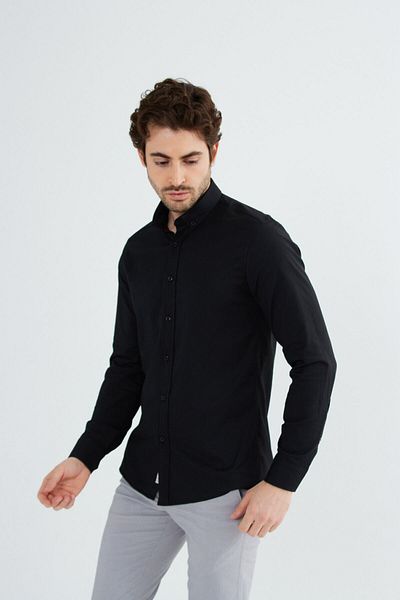 RAVANELLI Cămașă neagră Slimfit Bumbac Oxfort Lycra Guler cu mânecă lungă cu nasturi G490