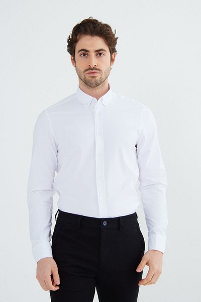 RAVANELLI Cămașă pentru bărbați cu mânecă lungă, cu nasturi, din bumbac Oxford Lycra, albă, G490