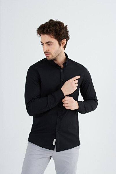 RAVANELLI Чорна Slimfit бавовняна сорочка з лікрами, коміром на ґудзиках та довгими рукавами для чоловіків G490