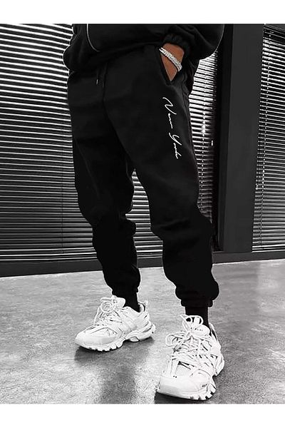 Boi Μαύρο ανδρικό χειμερινό φούτερ Jogger Hooded 3 Thread - Rubber Leg New York Printed