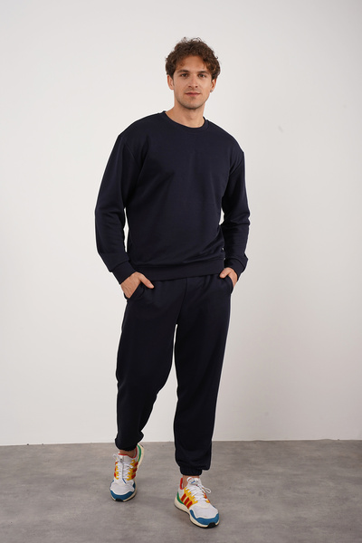 PAKONN Navy Blue Men's Regular/Normal Cut Cotton Basic Sweatshirt