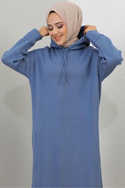 benguen 2442 Modré úpletové šaty s kapucí