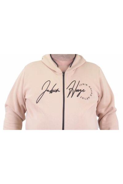 Starbattal Zippered Hooded Large Size Sweat Jubin 23221 BEIGE