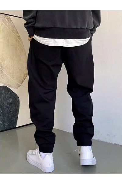 Boi Ανδρικό χειμερινό μαύρο φούτερ Oversize - Shardon Jogger, 3 κλωστές ελαστικό πόδι, εμπριμέ κείμενο Balance