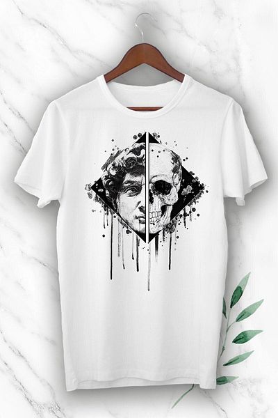 Pisa Art Unisex Λευκή Μυθολογία Άγαλμα του Δαβιδ και κρανίο με στάμπα κοντομάνικο μπλουζάκι