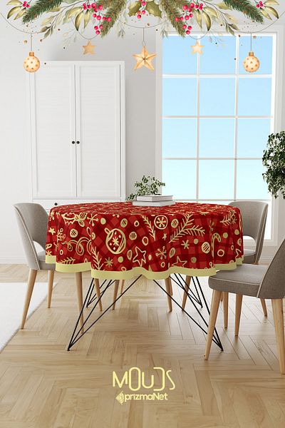 Moud's Red Christmas Patterned Round Suede Carefree Tablecloth