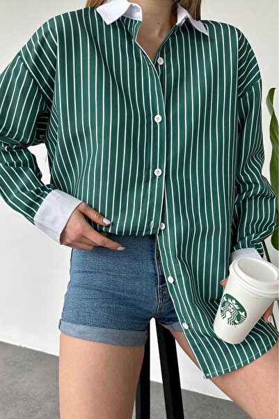 Mylocker Kadın Yeşil Çizgili Oversize Gömlek