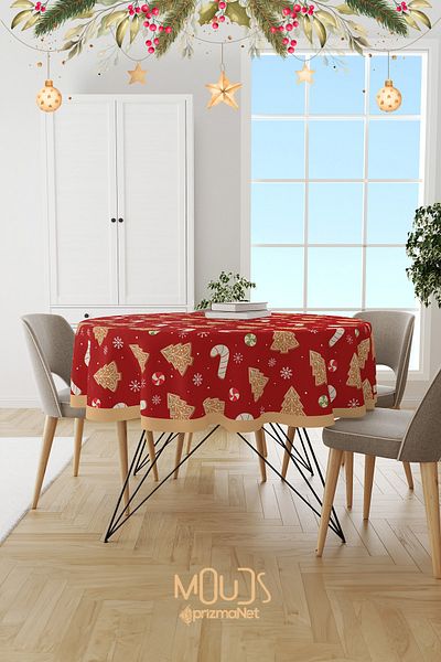 Moud's Red Christmas Cookies Patterned Round Suede Carefree Tablecloth