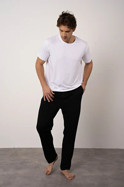PAKONN Black Men's Modal Soft Textured Regular/Regular Cut Elastic Waist Pocket Pajamas
