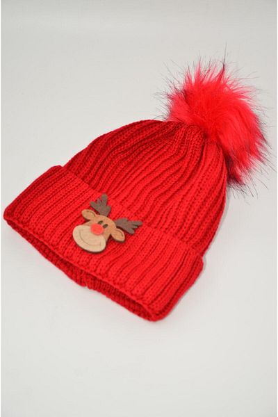 mottomia New Year/Valentine's Day Special Collection Red Beanie with Deer Figure and Pompom| Christmas Hat