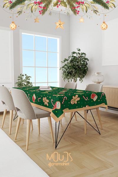 Moud's Yeşil Yılbaşı Kurabiyeleri Desenli Süet Dertsiz Masa Örtüsü