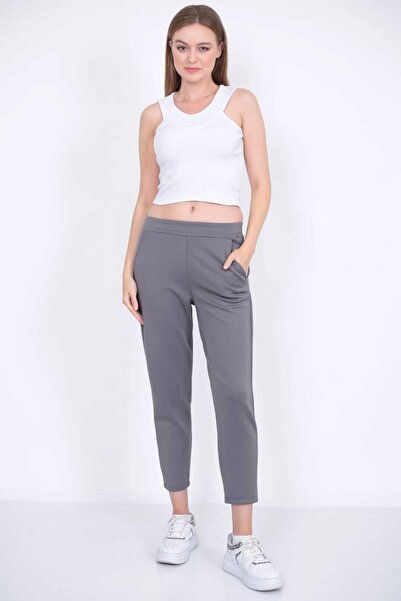 Genel Markalar Kadın Gri Yüksek Bel Havuç Kesim Scuba Eşofman Pantolon