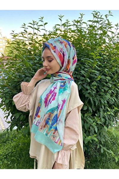 Aker Yaz Serinliği Çiçek Desenli Ipek Koton (PAMUKLU) Etol Şal 7746777 Su Yeşili