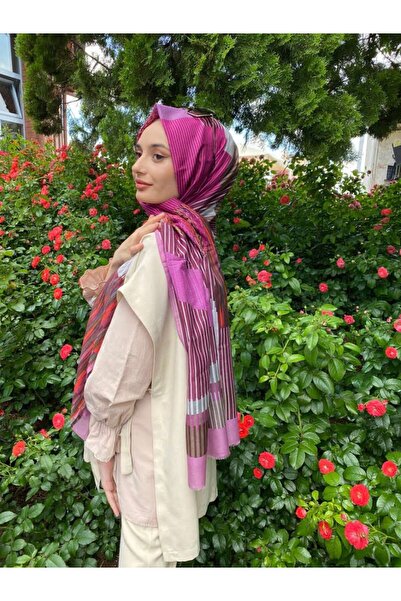 Aker Yaz Serinliği Geometrik Desenli Ipek Koton (PAMUKLU) Etol Şal 7811777 Pembe