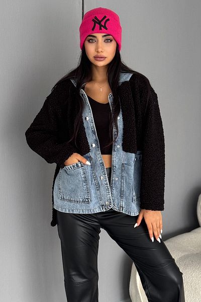 FEMELLE Jachetă neagră de pluș, cu glugă, din denim, cu butoane automate