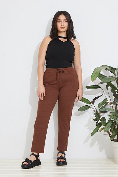 Freeista Plus Size Ribbed Brown Trousers - Not a Single Suit