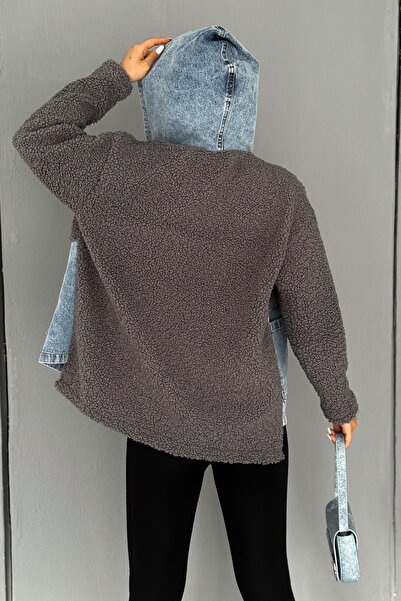 FEMELLE Women's Gray Snap Button Denim Hooded Plush Jacket