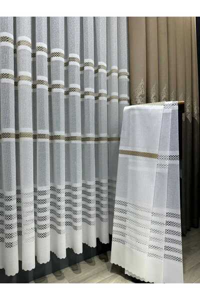 DNZEVGEREÇLERİ Aplik Örme Gold Modern Tül Perde 1/2 Pileli