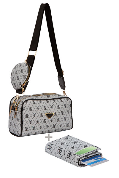 Adelina Bags Kadın Desenli Cüzdan Detaylı Omuz Çantası ve Mekanizmalı Cüzdan Set