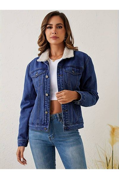 Cuqq Denim Jachetă de blugi slim cu blană pentru femei, albastră