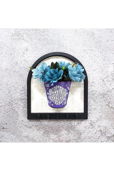 CajuArt Blue Artificial Flower Wall Decoration with Purple Flower Pot Wooden Motif