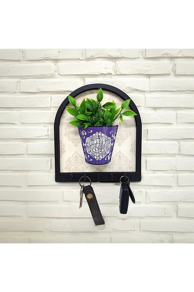 CajuArt Purple Flower Pot Color Green Artificial Plant Wooden Motif Wall Decor