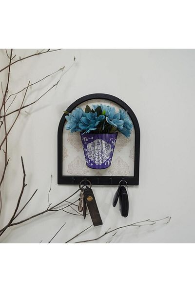 CajuArt Blue Artificial Flower Wall Decoration with Purple Flower Pot Wooden Motif
