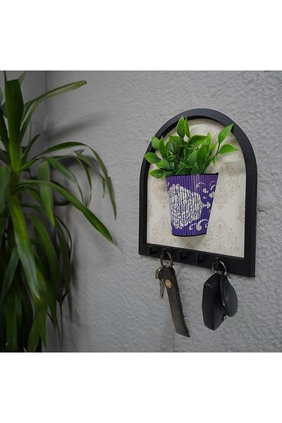 CajuArt Purple Flower Pot Color Green Artificial Plant Wooden Motif Wall Decor