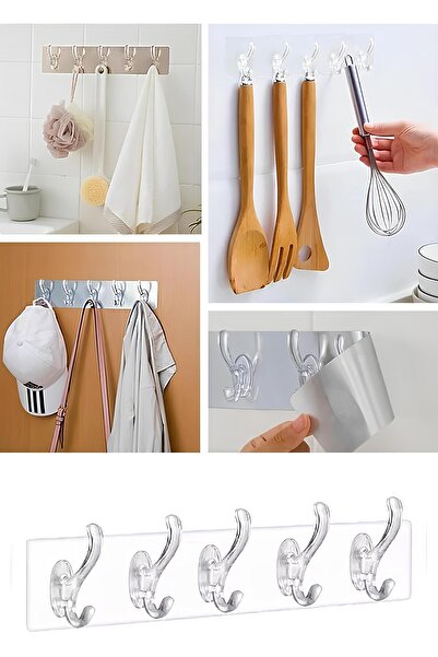zeixpow 5 li Yapışkanlı Şeffaf Duvar Askısı Banyo Mutfak Düzenleyici Askı Pratik Kanca Askılık